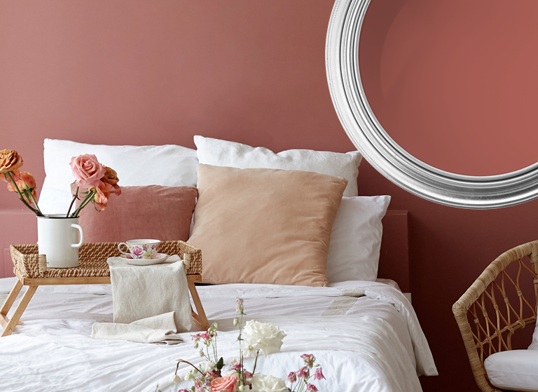 Choir inspired deep coloured bed room