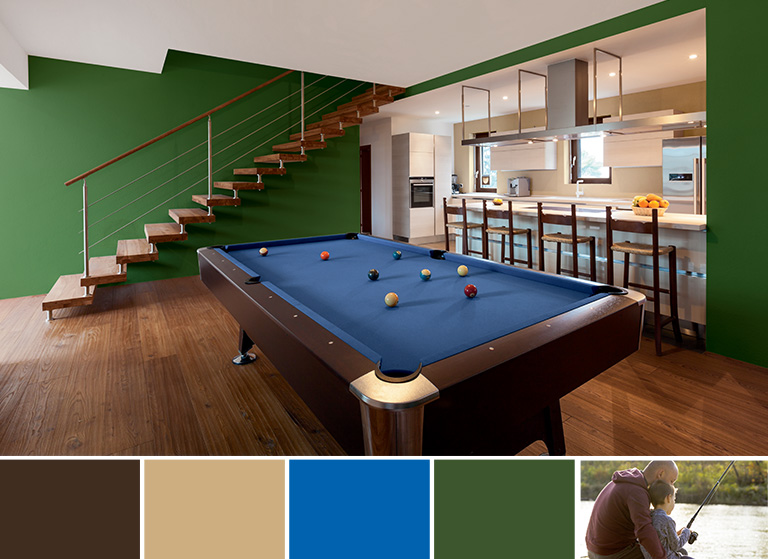 Masculinity inspired bold coloured living room