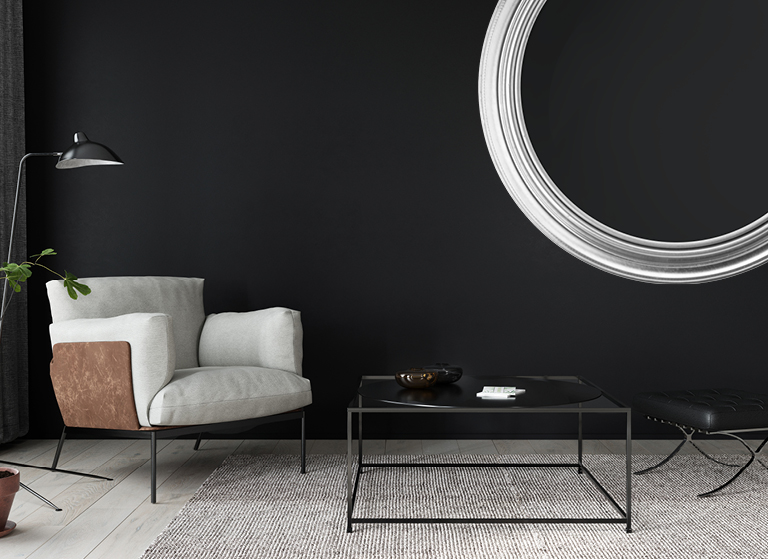 Black cat inspired deep coloured living room
