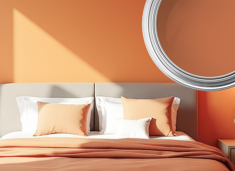 Illuminated pumpkin inspired deep coloured bed room